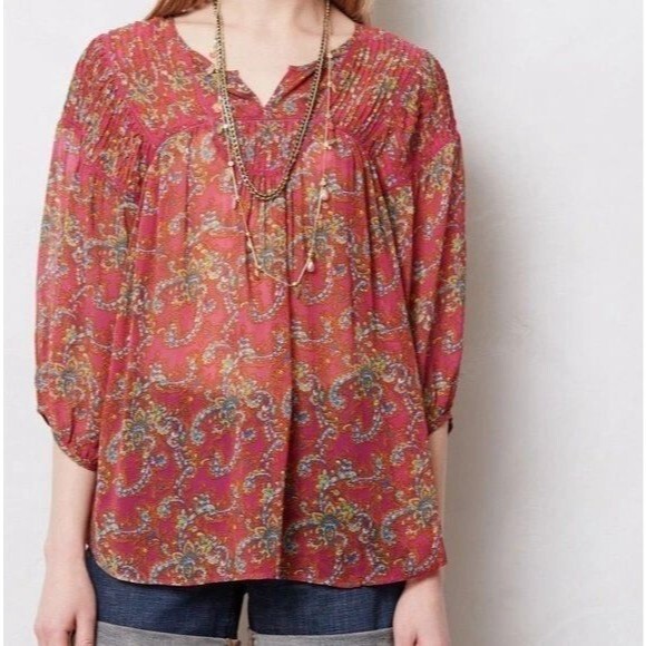Anthropologie Tops - Anthropologie Lil Clara Peasant Blouse Women S M Pink Orange Paisley Floral